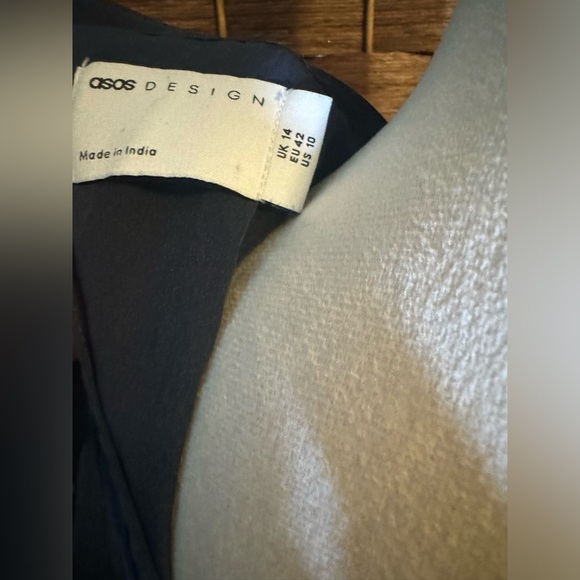 ASOS Dress Blue Pin Strip Sz 10 Sheer Overlay Long Sleeve Exposed Back ruffles - Picture 11 of 16